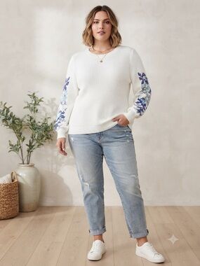 Lane Bryant Women's White with Embroidered Balloon Bell Sleeve Sweater 18/20 $69